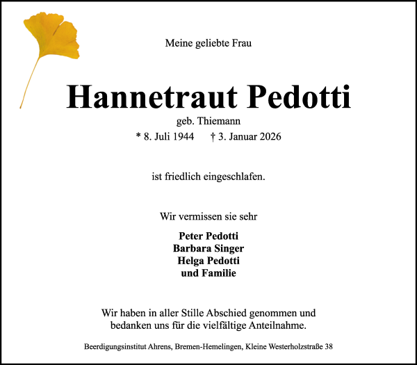 Traueranzeige von Hannetraut Pedotti von WESER-KURIER