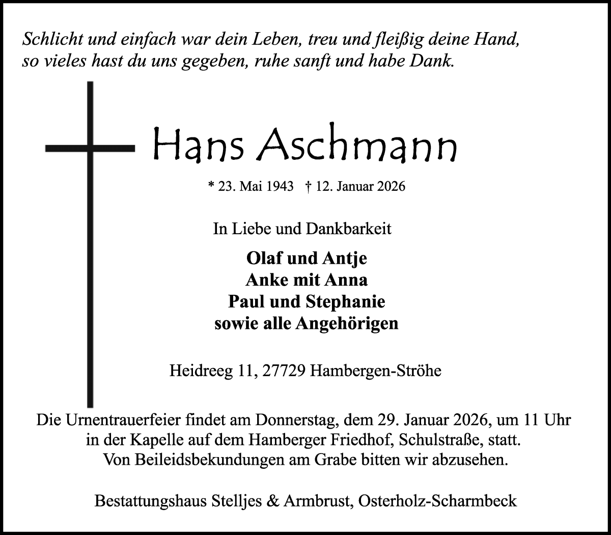 Traueranzeige von Hans Aschmann von Osterholzer Kreisblatt
