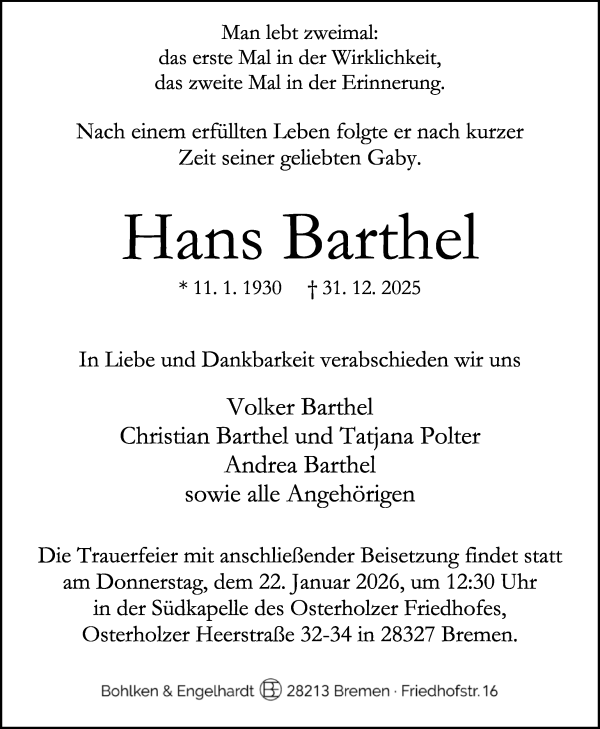 Traueranzeige von Hans Barthel von WESER-KURIER