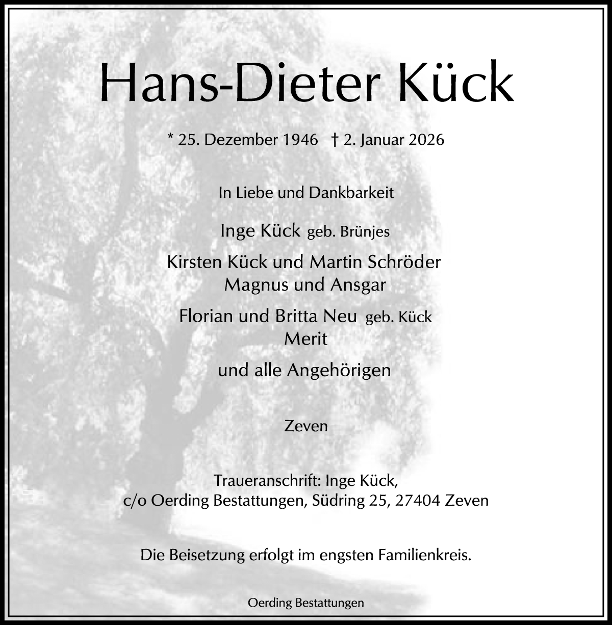 Traueranzeige von Hans-Dieter Kück von Osterholzer Kreisblatt