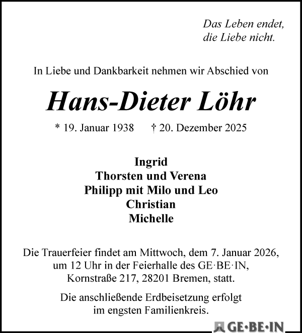 Traueranzeige von Hans-Dieter Löhr von WESER-KURIER