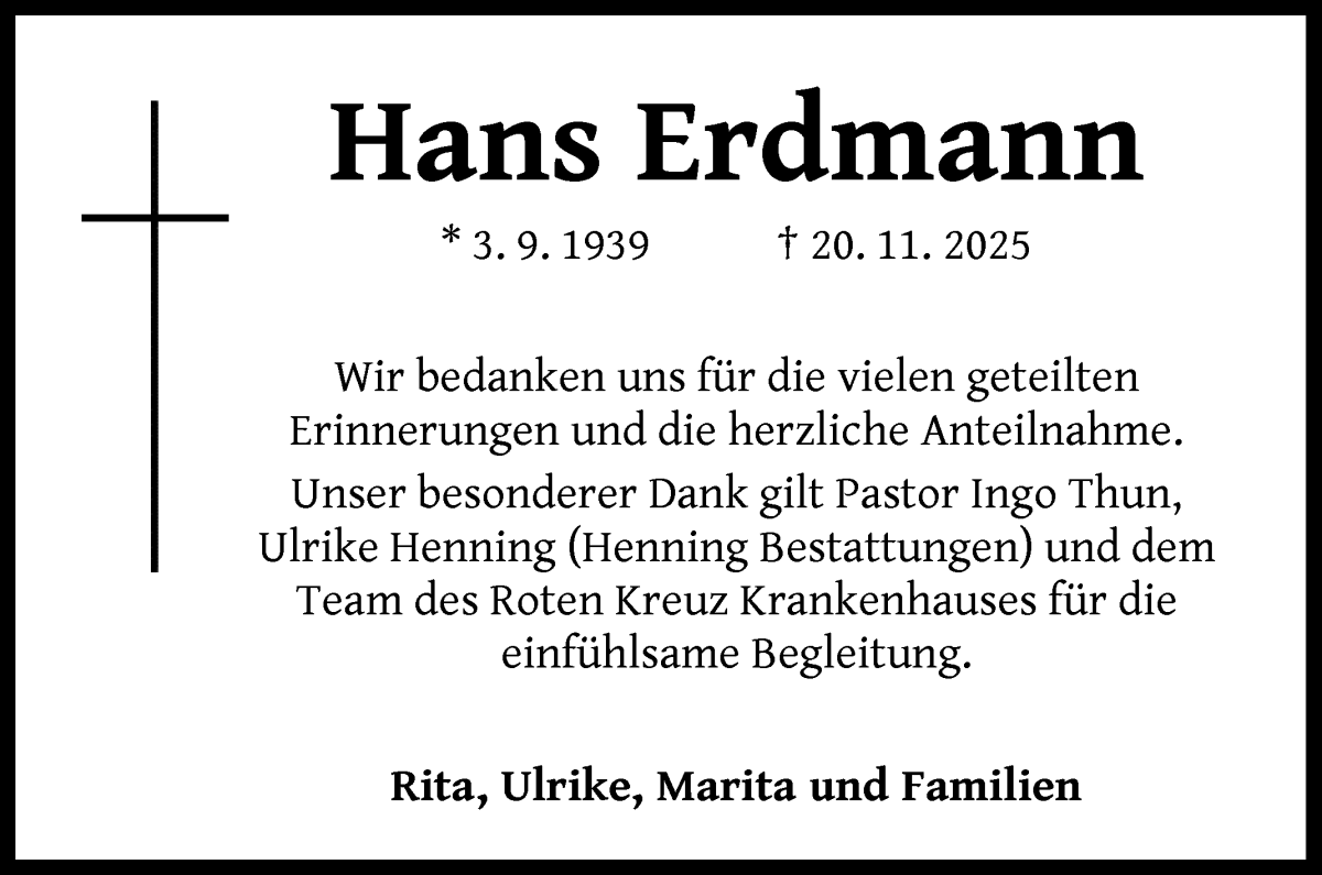 Traueranzeige von Hans Erdmann von WESER-KURIER