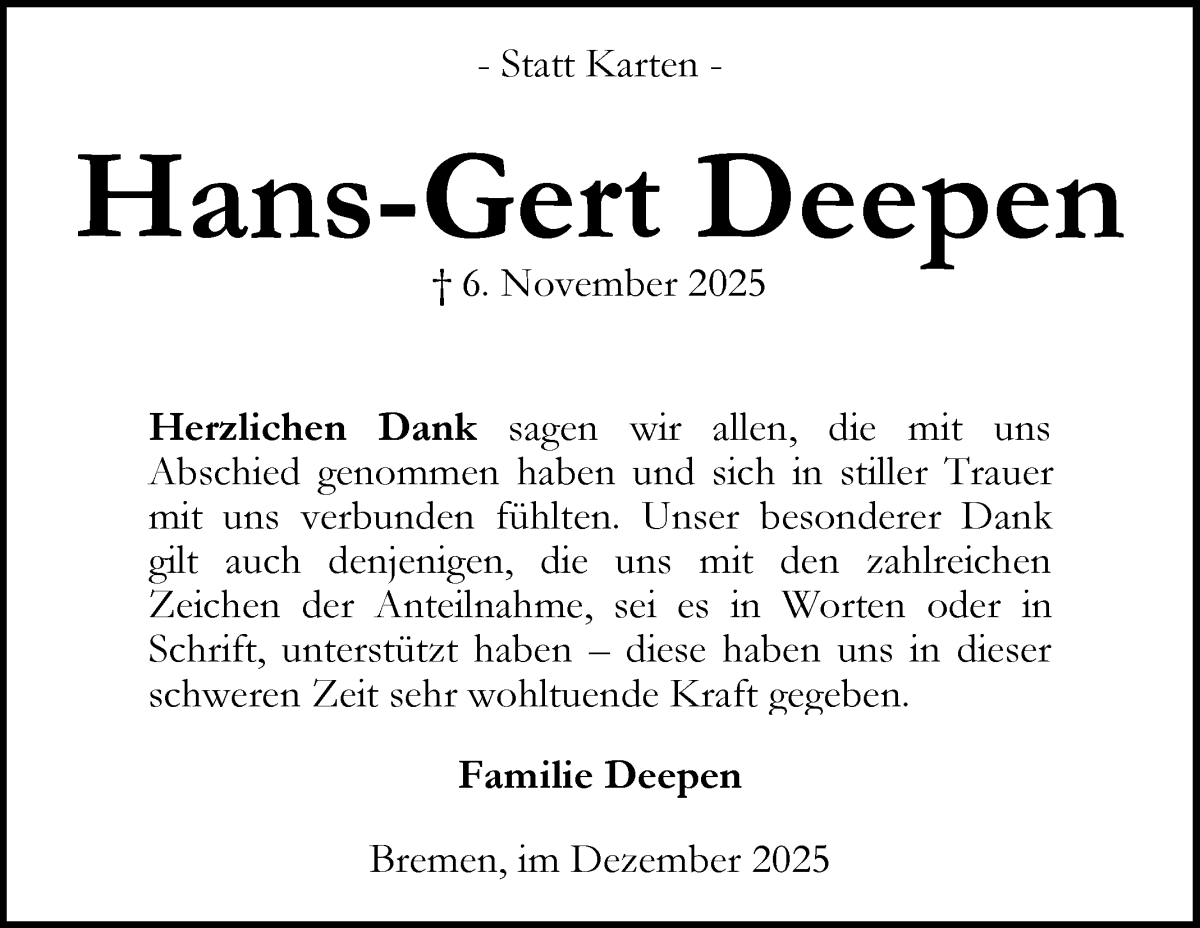 Traueranzeige von Hans-Gert Deepen von WESER-KURIER
