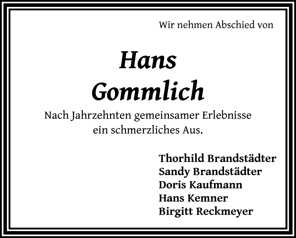 Traueranzeige von Hans Gommlich von WESER-KURIER