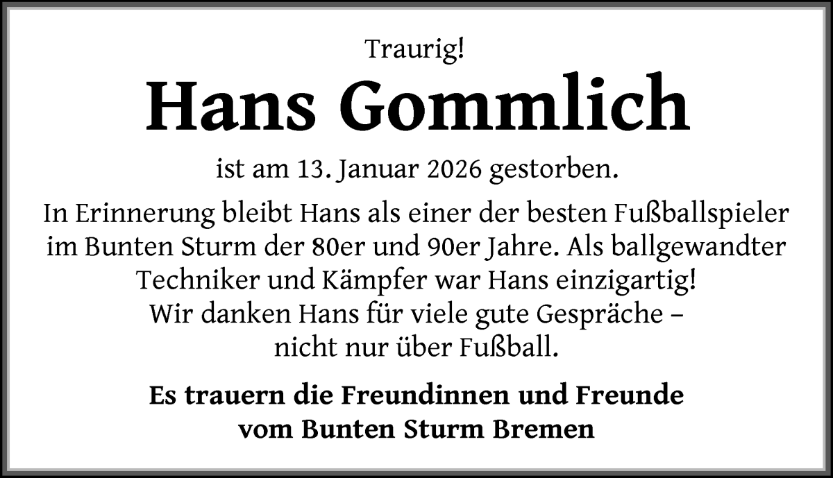 Traueranzeige von Hans Gommlich von WESER-KURIER
