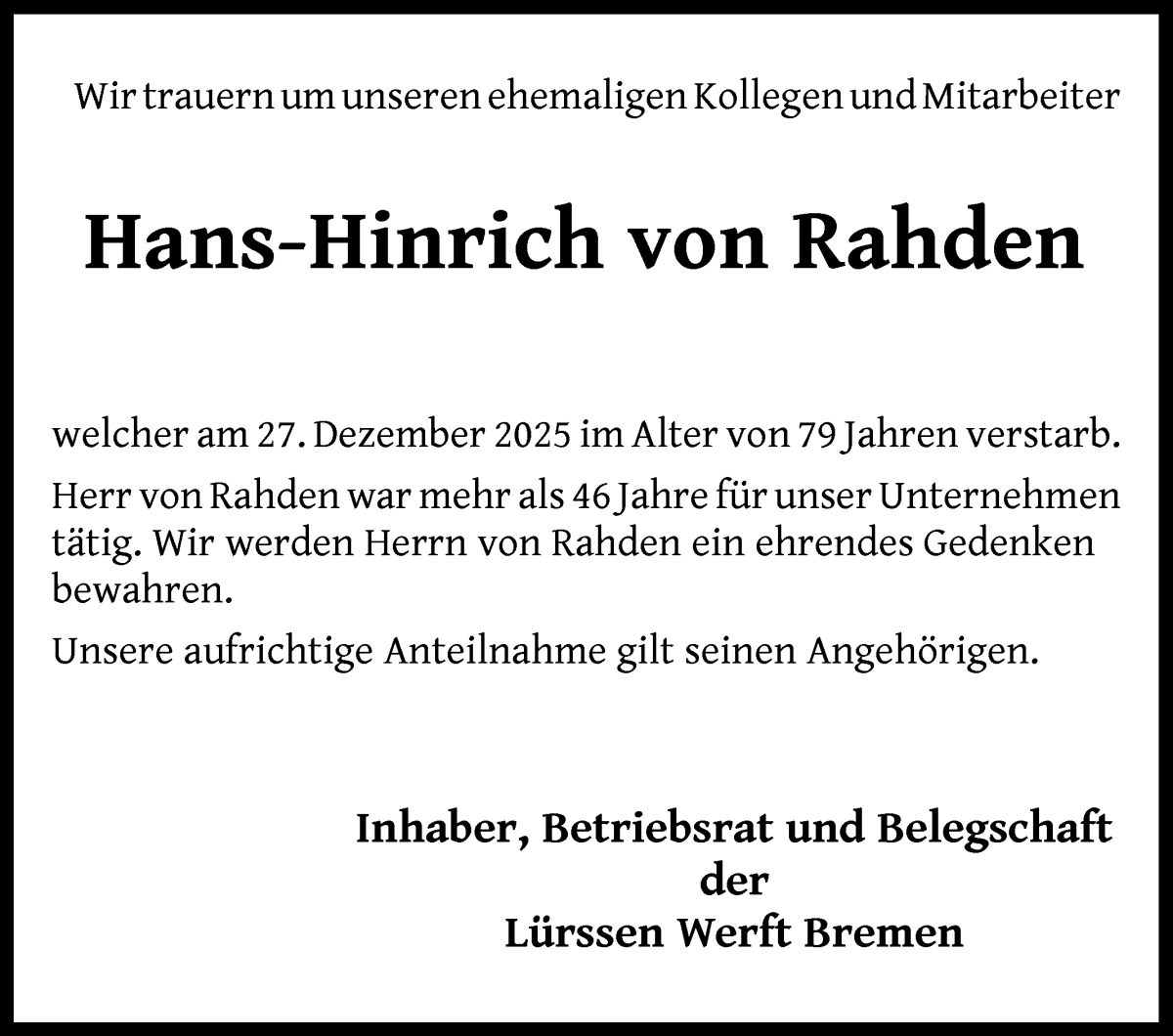 Traueranzeige von Hans-Hinrich von Rahden von Die Norddeutsche
