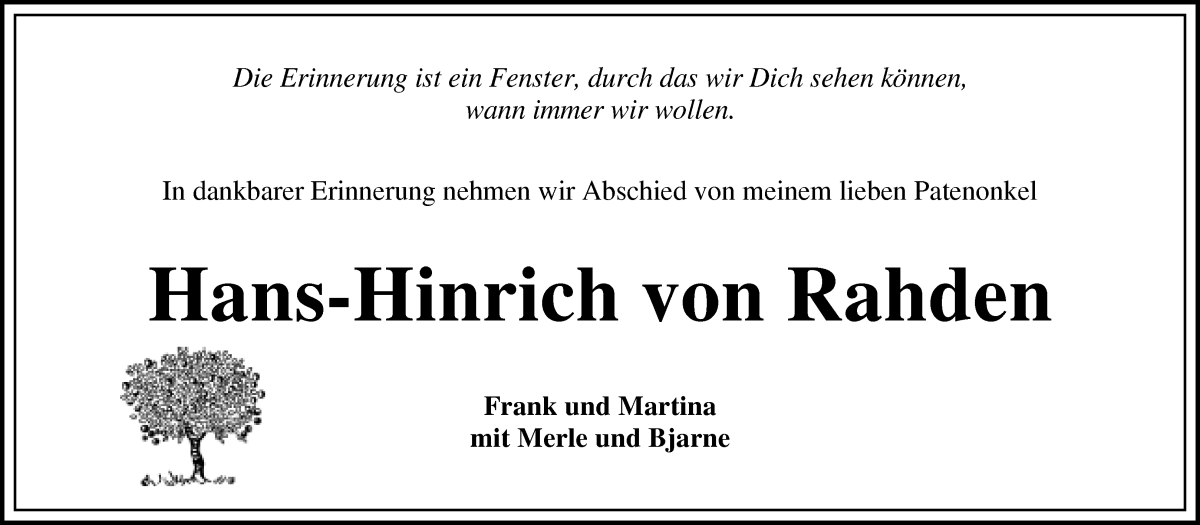 Traueranzeige von Hans-Hinrich von Rahden von Die Norddeutsche