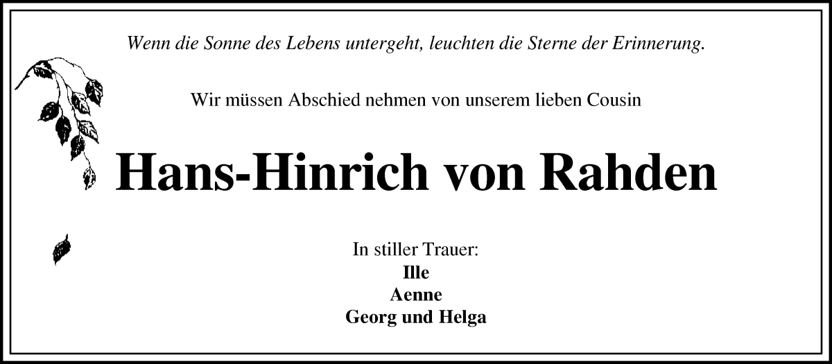 Traueranzeige von Hans-Hinrich von Rahden von Die Norddeutsche