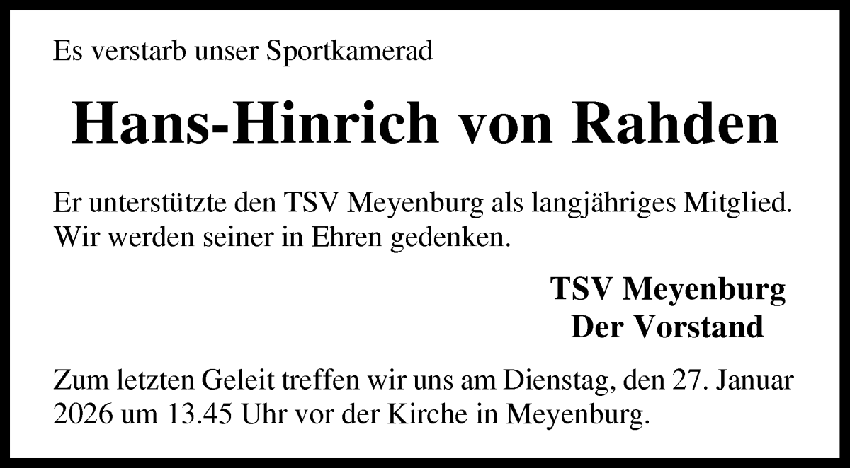 Traueranzeige von Hans-Hinrich von Rahden von Die Norddeutsche