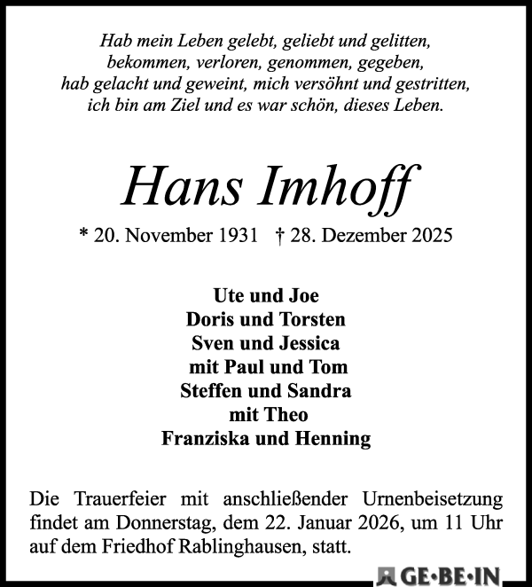 Traueranzeige von Hans Imhoff von WESER-KURIER