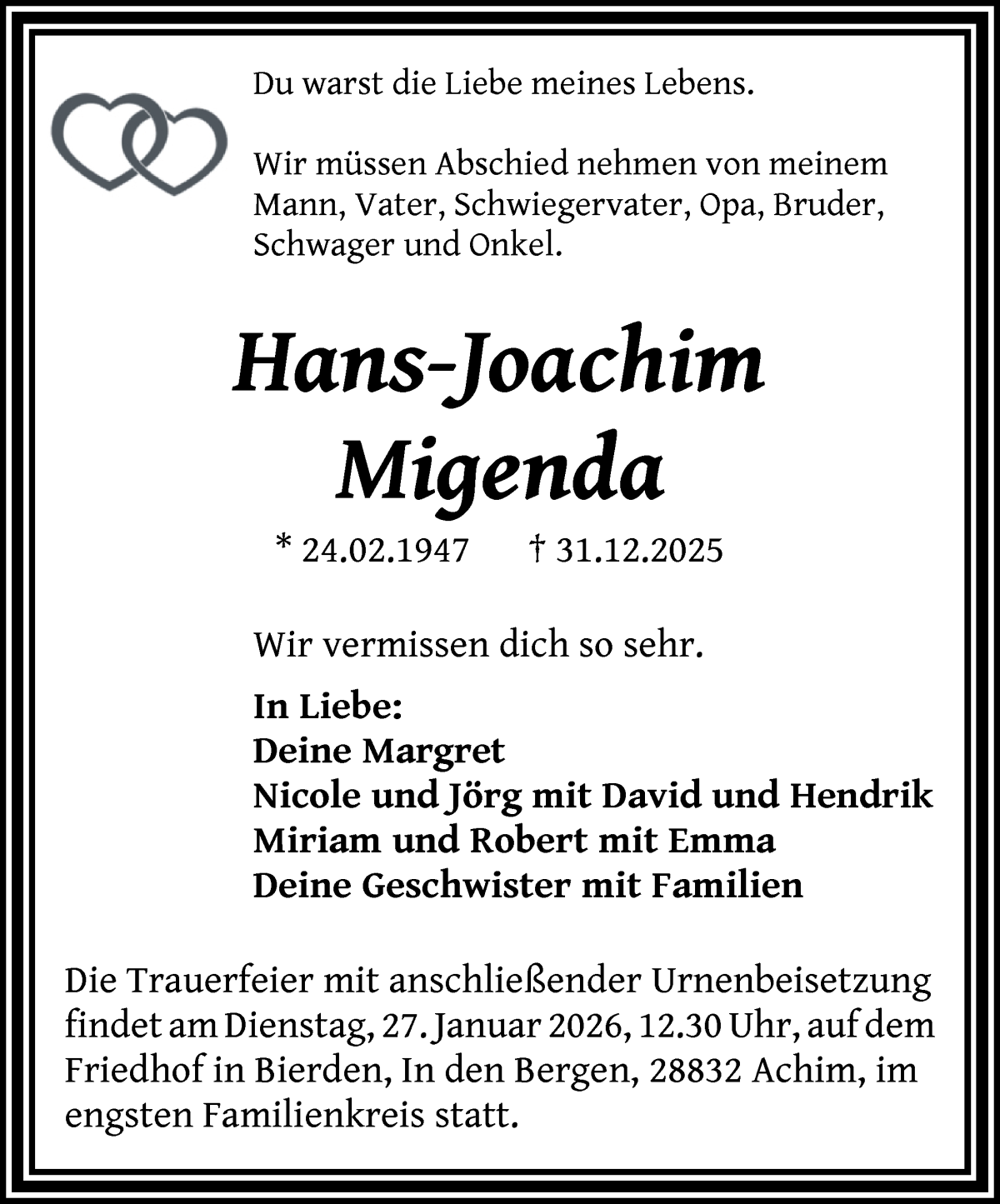 Traueranzeige von Hans-Joachim Migenda von WESER-KURIER