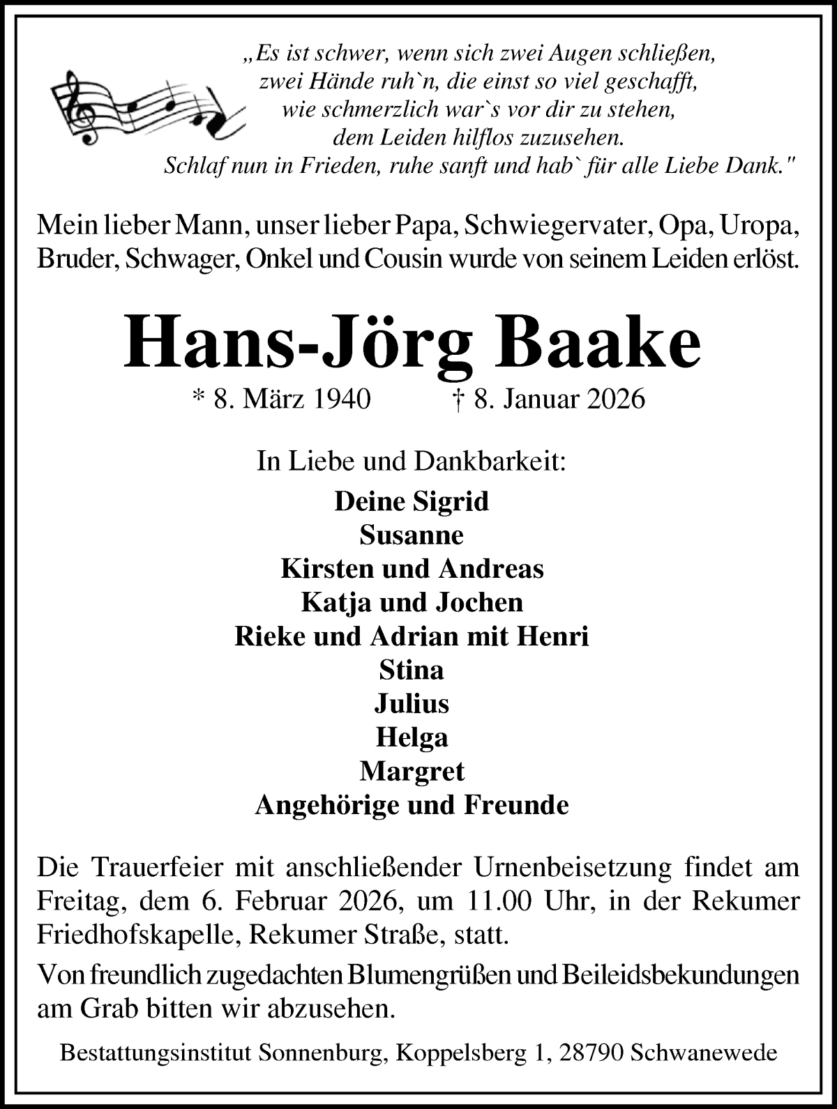 Traueranzeige von Hans-Jörg Baake von Die Norddeutsche