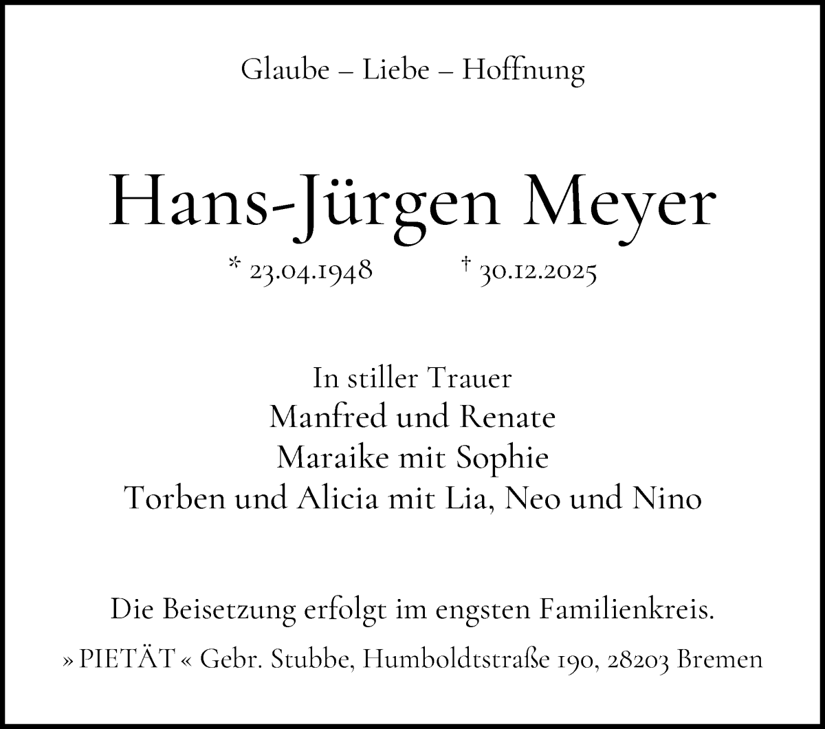 Traueranzeige von Hans-Jürgen Meyer von WESER-KURIER