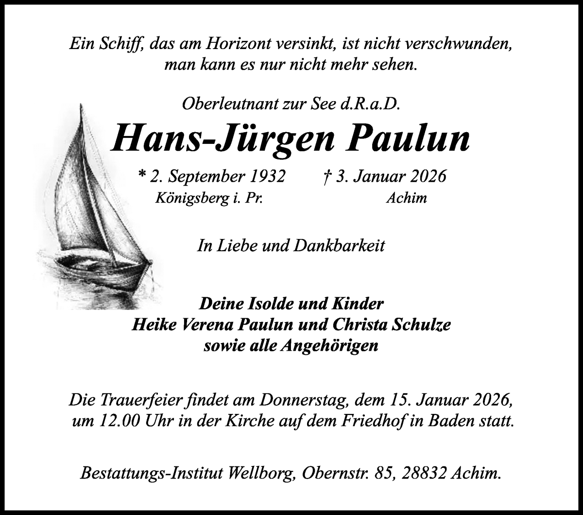 Traueranzeige von Hans-Jürgen Paulun von WESER-KURIER