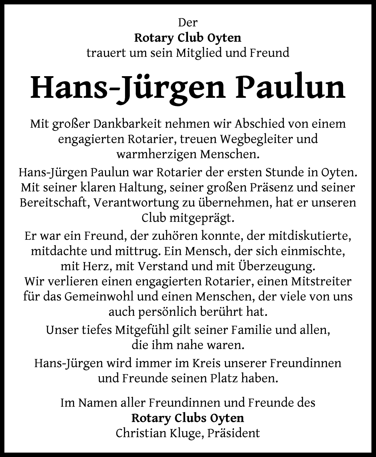 Traueranzeige von Hans-Jürgen Paulun von Achimer Kurier/Verdener Nachrichten