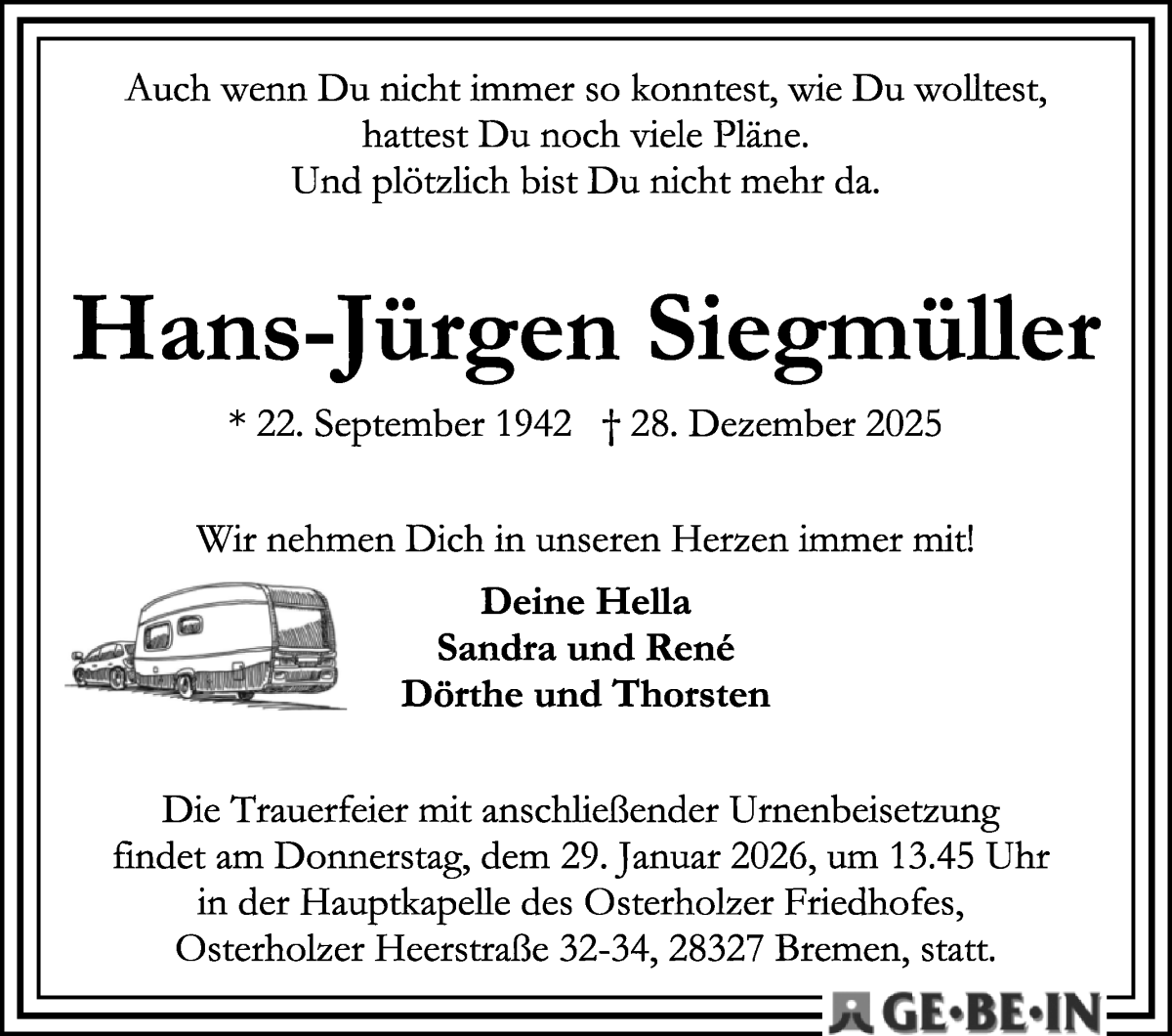  Traueranzeige für Hans-Jürgen Siegmüller vom 17.01.2026 aus WESER-KURIER