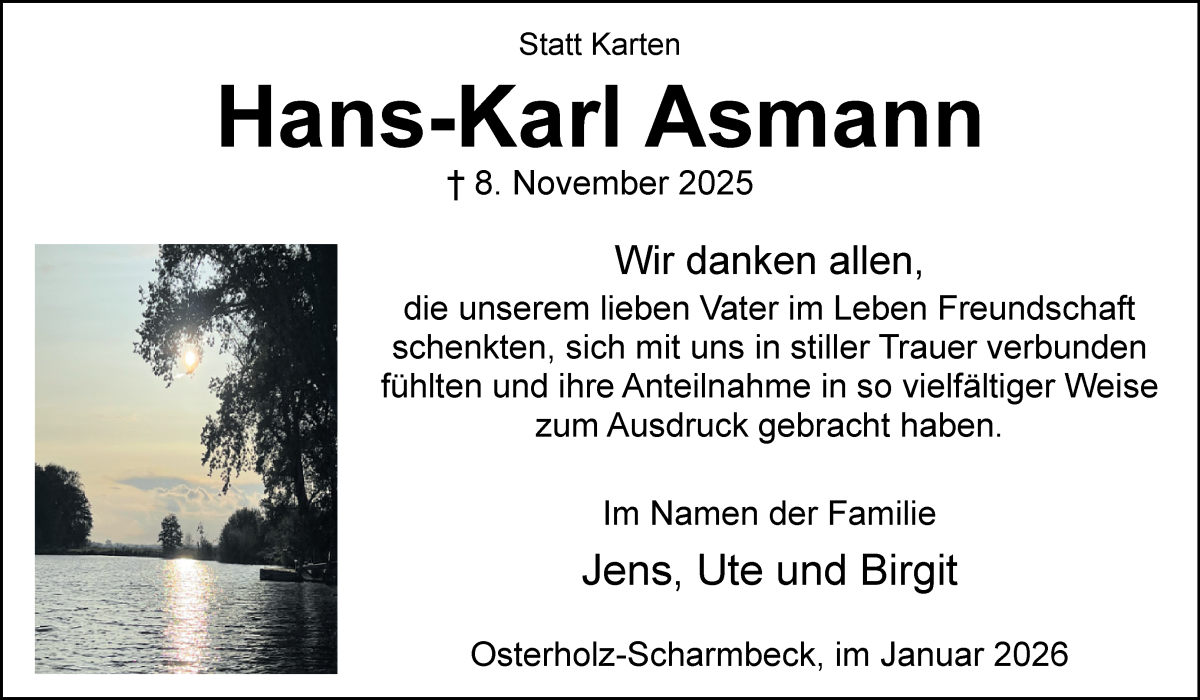 Traueranzeige von Hans-Karl Asmann von Osterholzer Kreisblatt