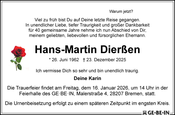 Traueranzeige von Hans-Martin Dierßen von WESER-KURIER