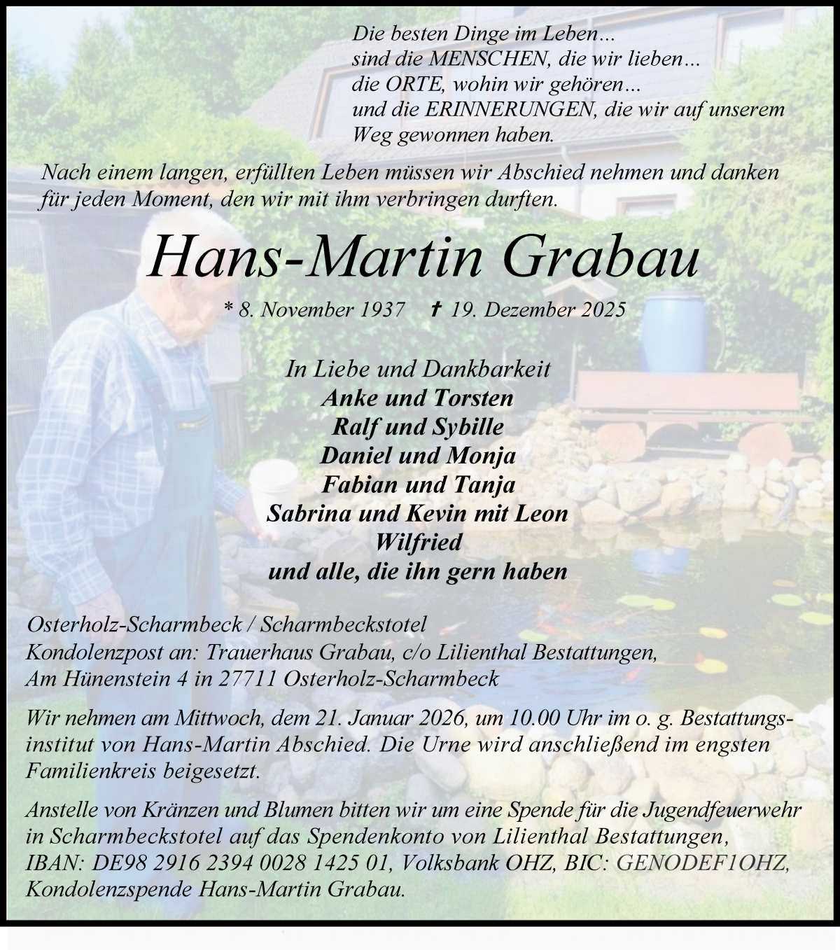 Traueranzeige von Hans-Martin Grabau von Osterholzer Kreisblatt
