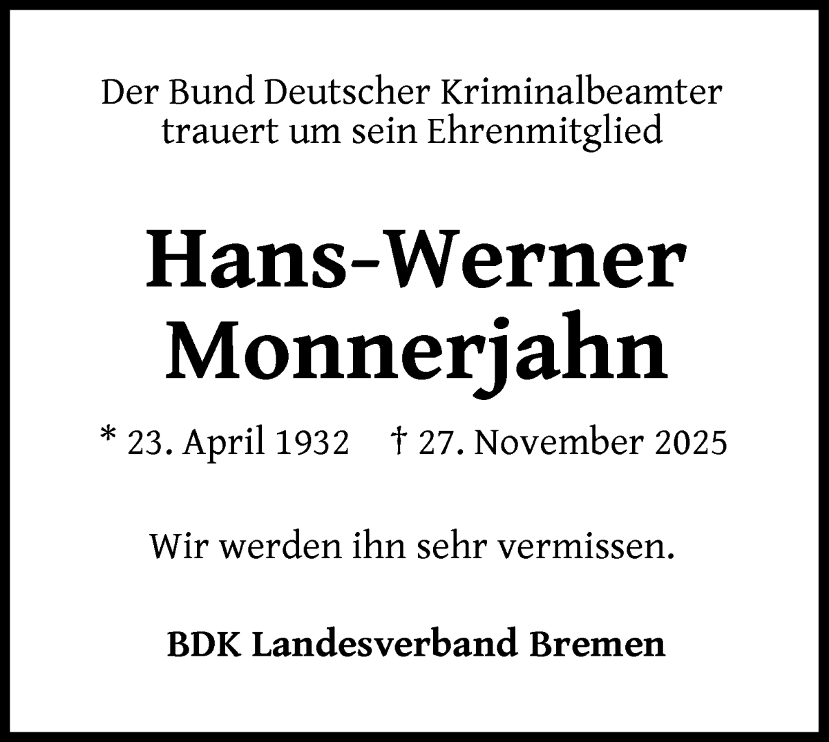  Traueranzeige für Hans-Werner Monnerjahn vom 03.01.2026 aus WESER-KURIER