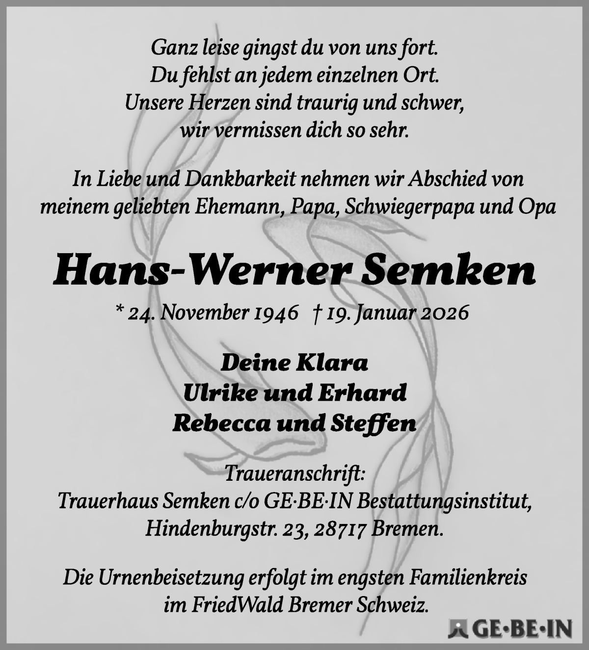 Traueranzeige von Hans-Werner Semken von Osterholzer Kreisblatt