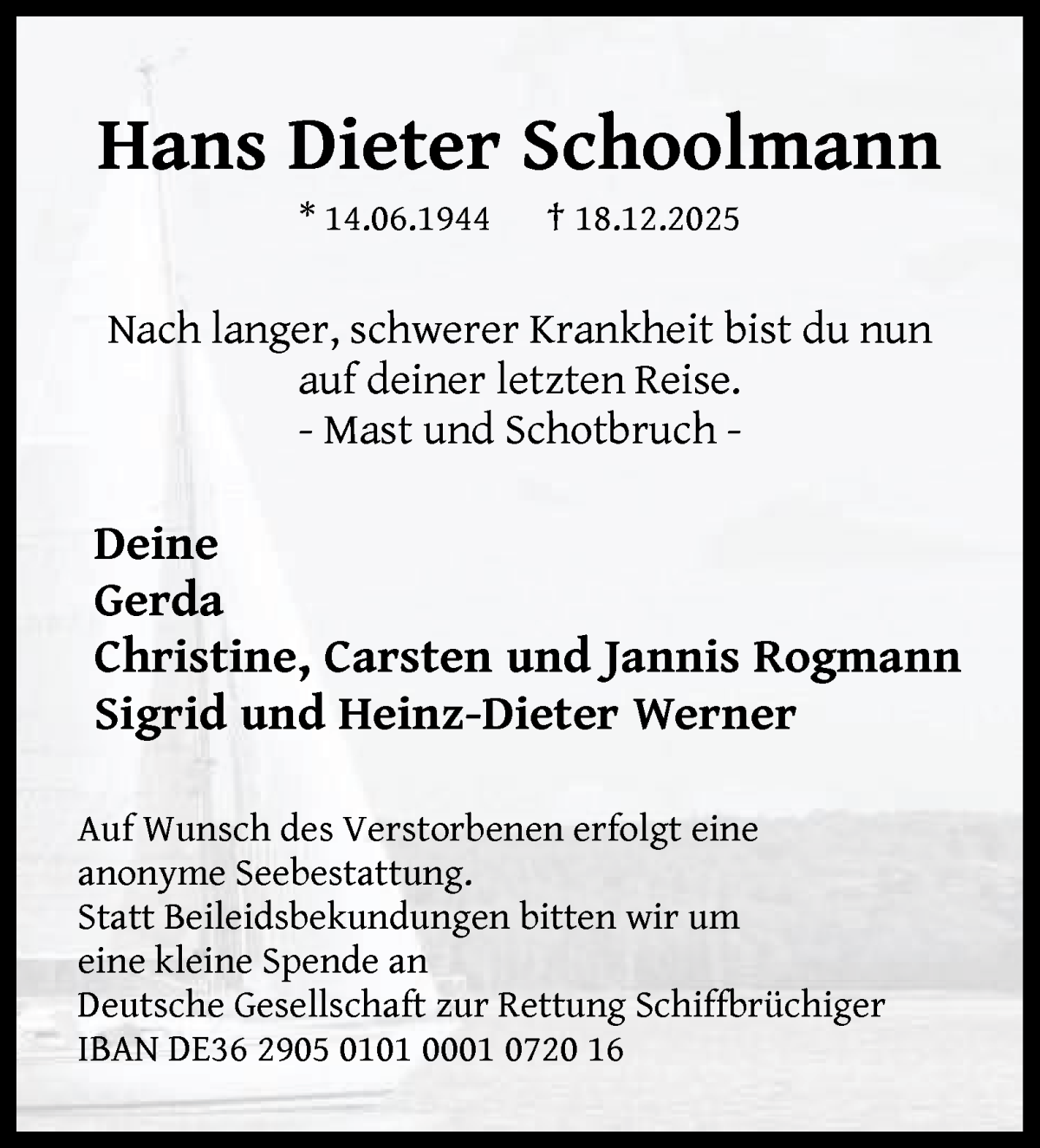 Traueranzeige von Hans Dieter Schoolmann von WESER-KURIER