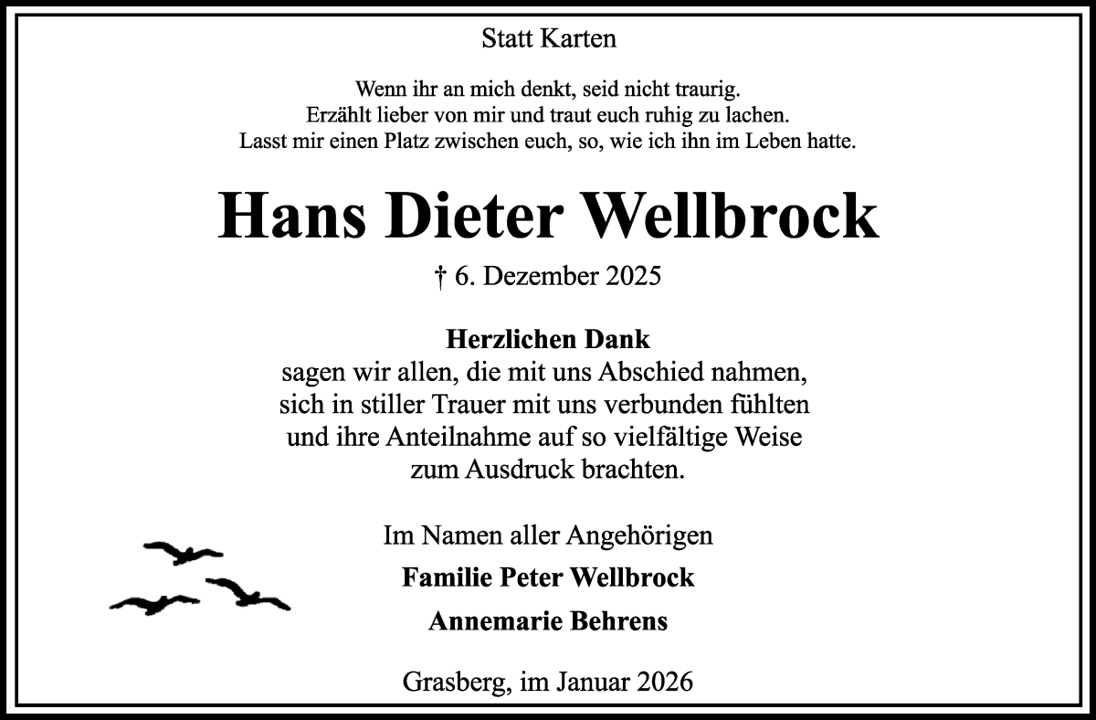 Traueranzeige von Hans Dieter Wellbrock von Wuemme Zeitung