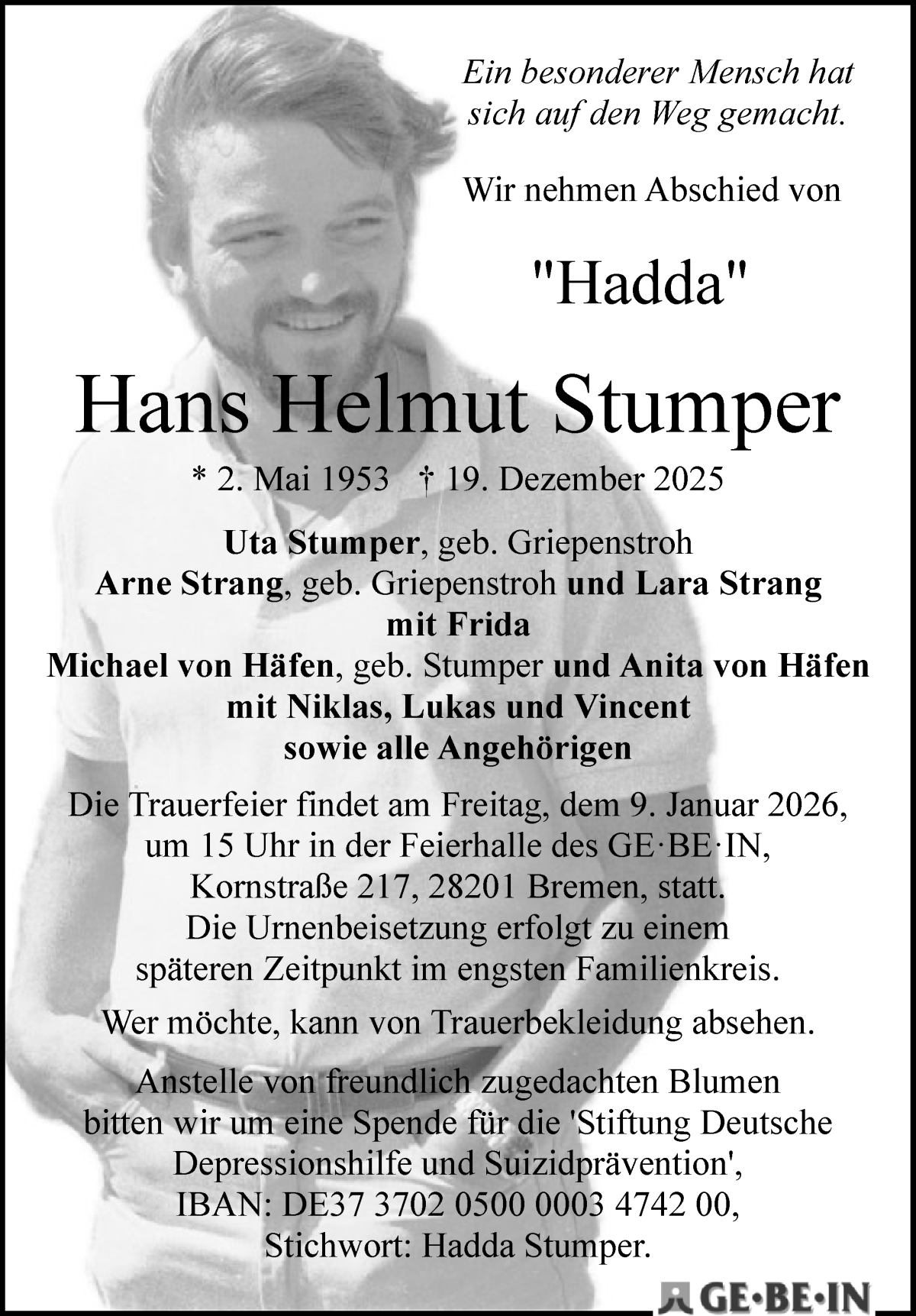 Traueranzeige von Hans Helmut Stumper von WESER-KURIER