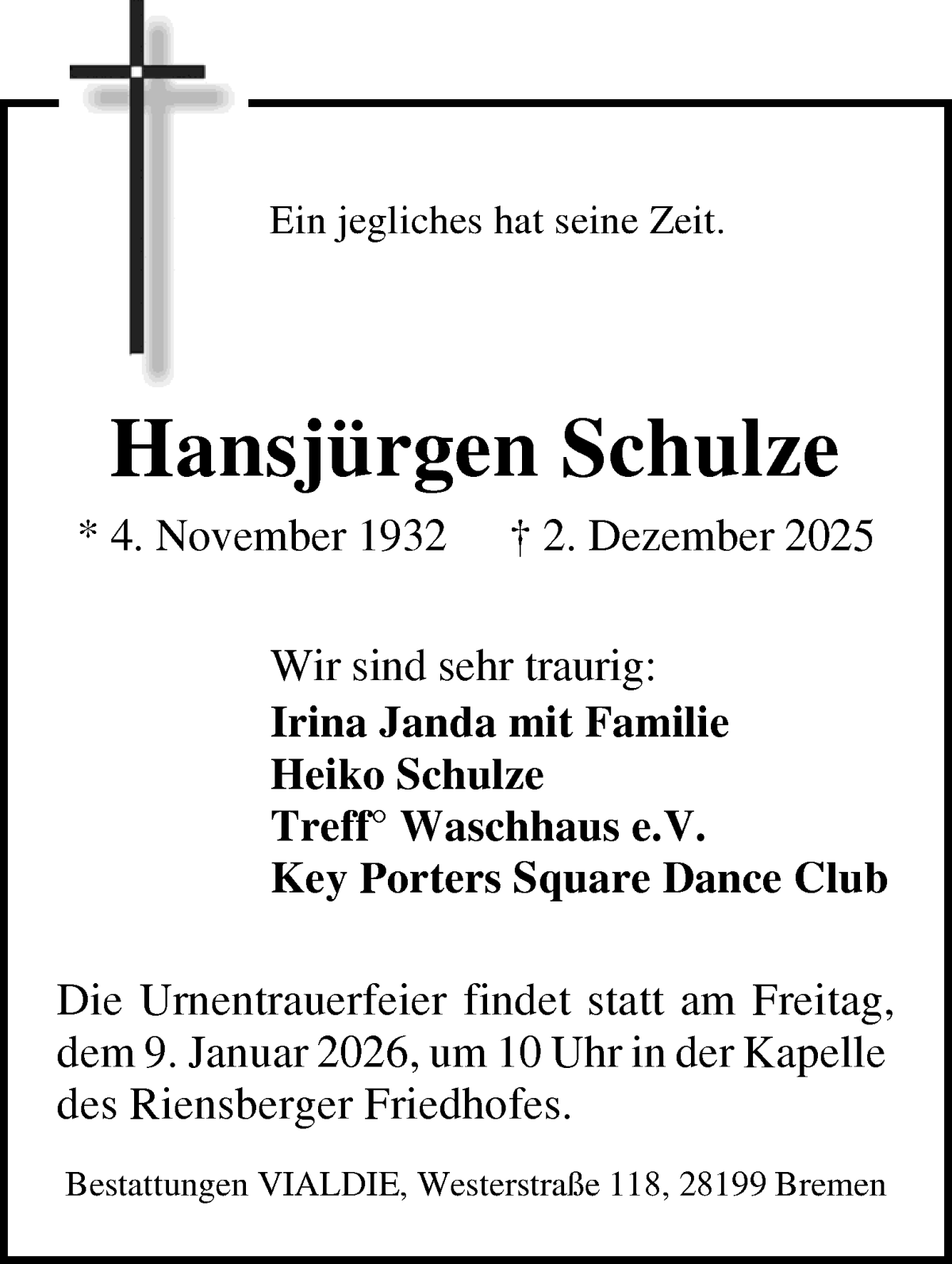 Traueranzeige von Hansjürgen Schulze von WESER-KURIER