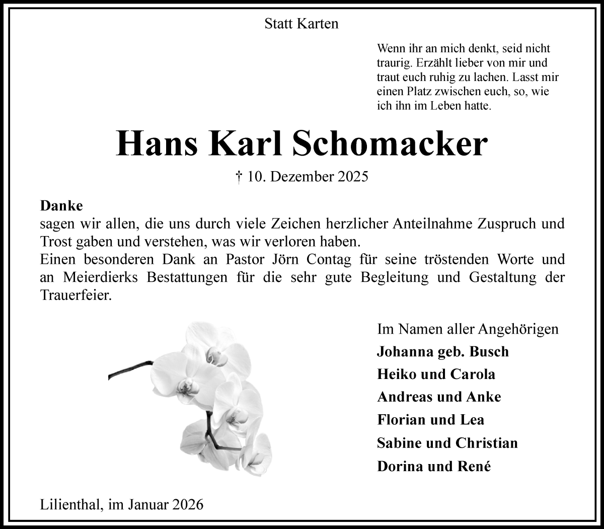 Traueranzeige von Hans Karl Schomacker von Wuemme Zeitung