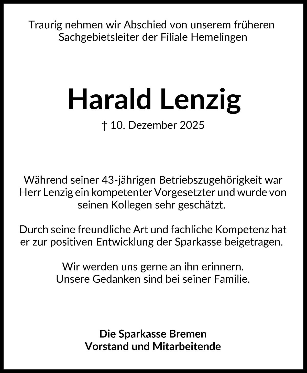 Traueranzeige von Harald Lenzig von WESER-KURIER