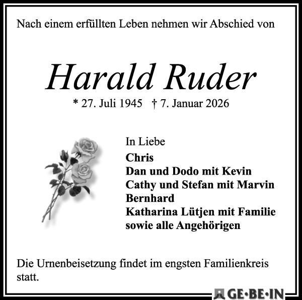 Traueranzeige von Harald Ruder von WESER-KURIER