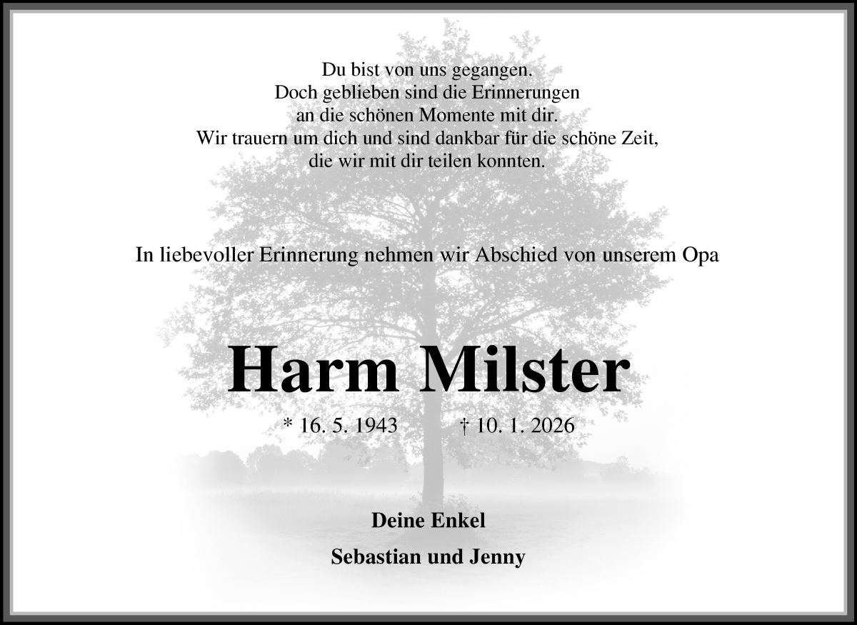 Traueranzeige von Harm Milster von WESER-KURIER