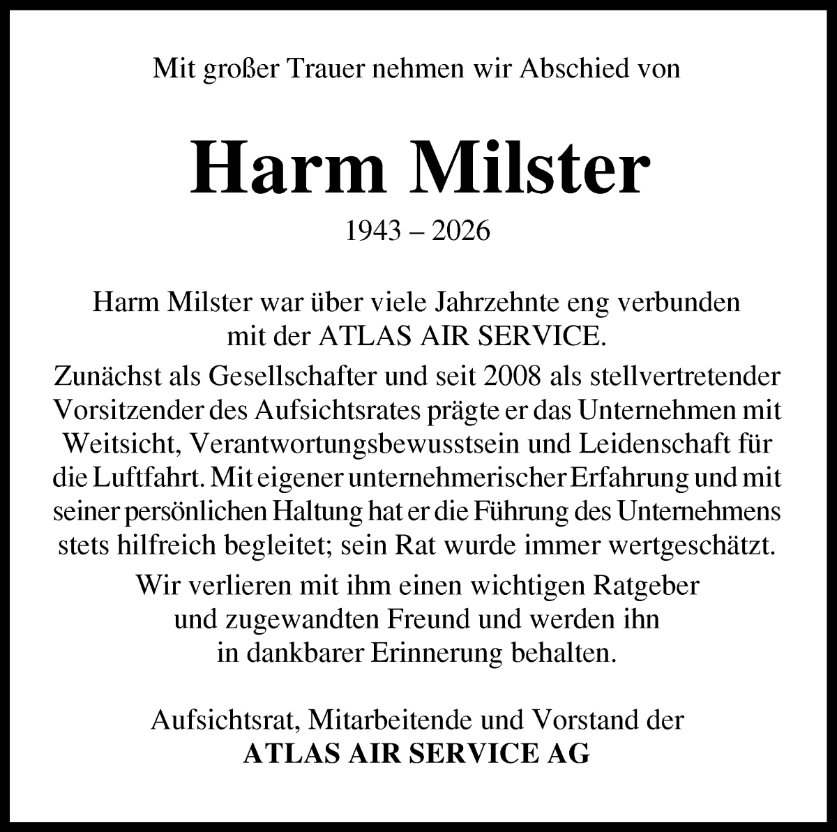 Traueranzeige von Harm Milster von WESER-KURIER