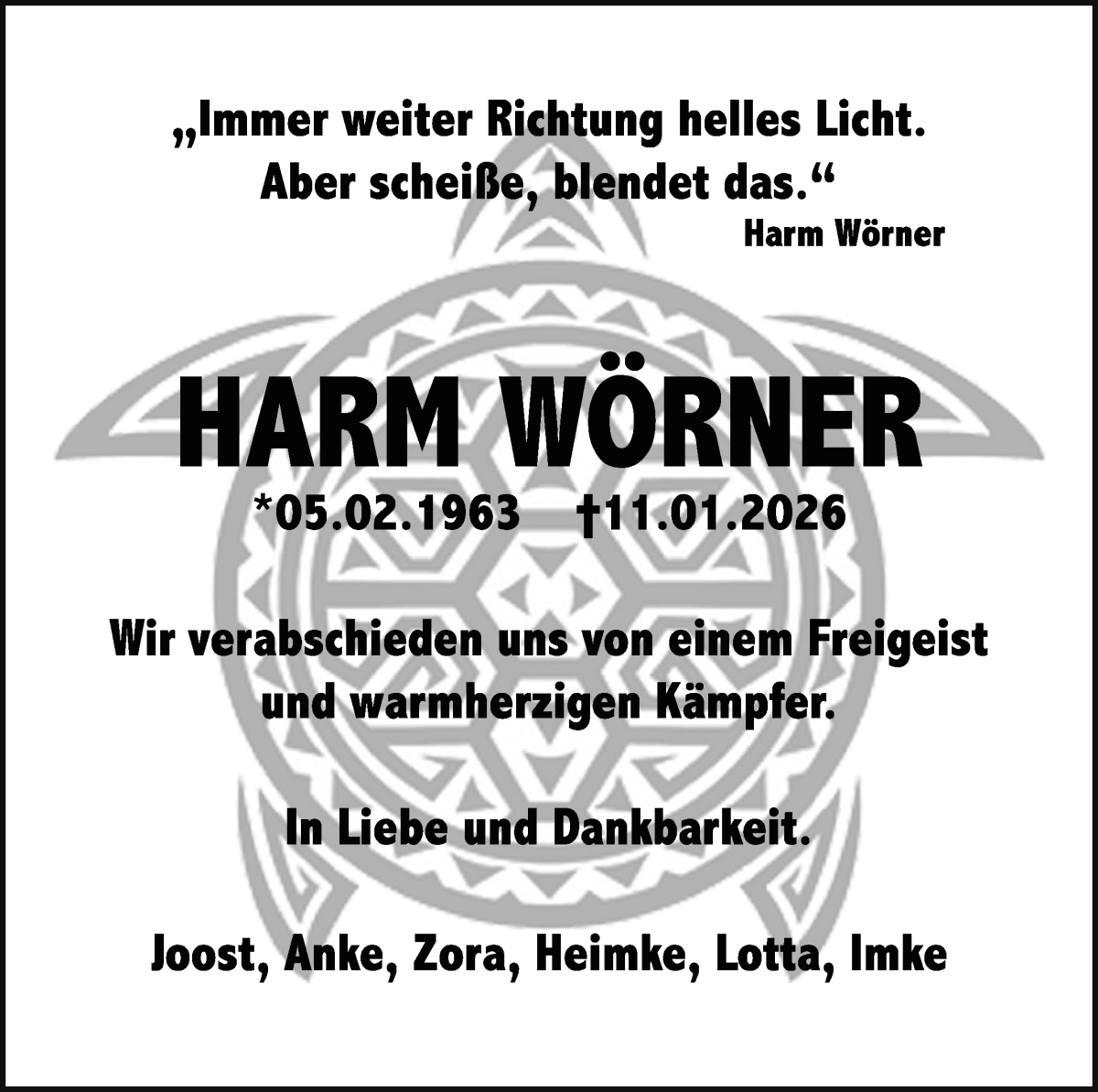 Traueranzeige von Harm Wörner von WESER-KURIER