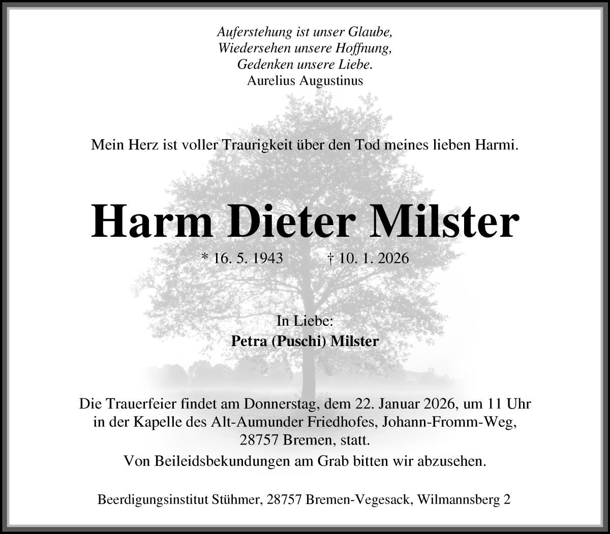 Traueranzeige von Harm Dieter Milster von WESER-KURIER