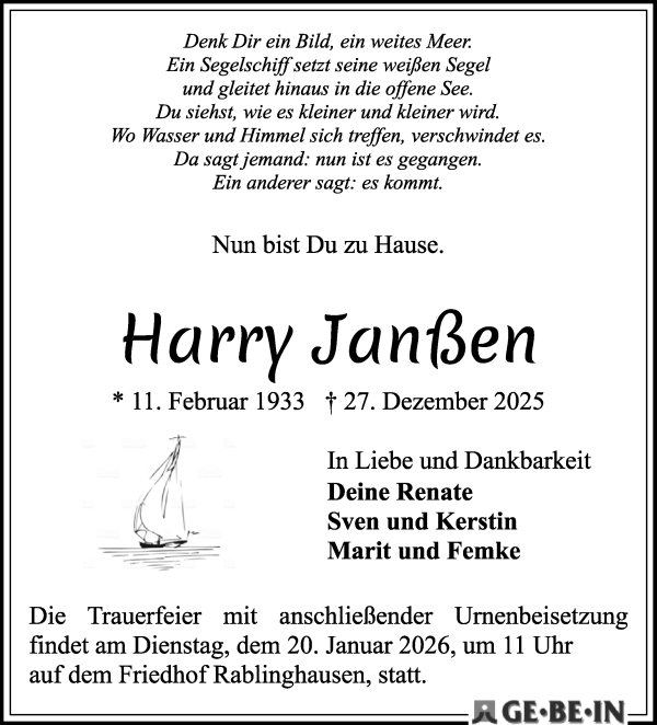 Traueranzeige von Harry Janssen von WESER-KURIER