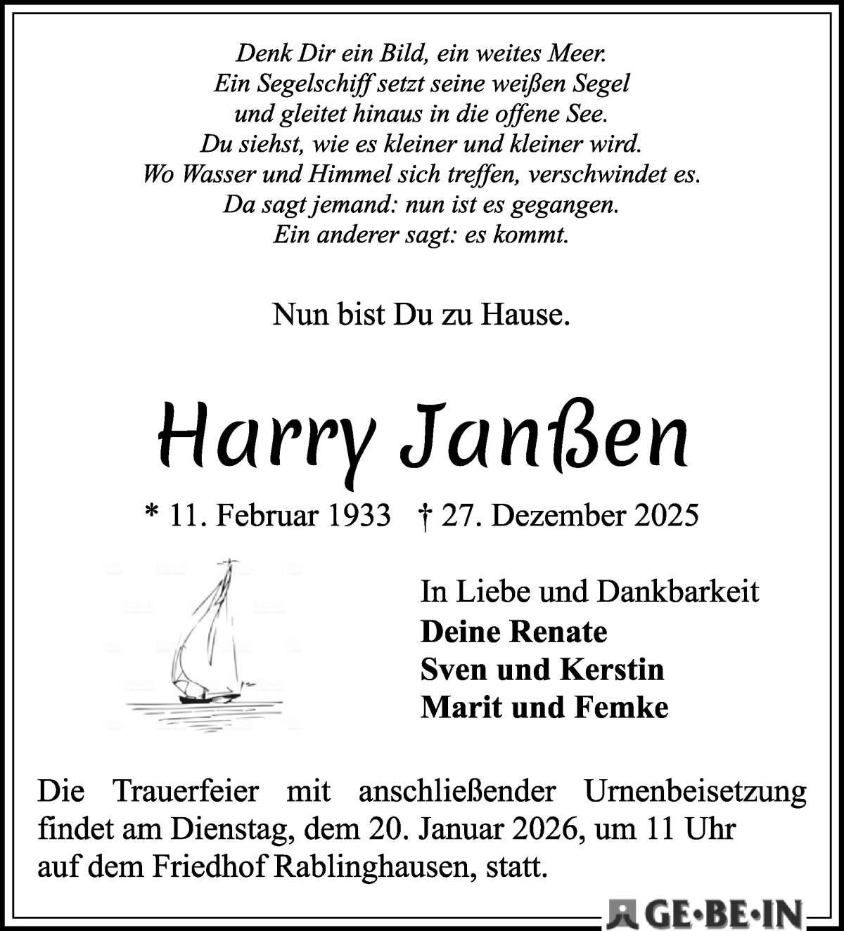 Traueranzeige von Harry Janssen von WESER-KURIER