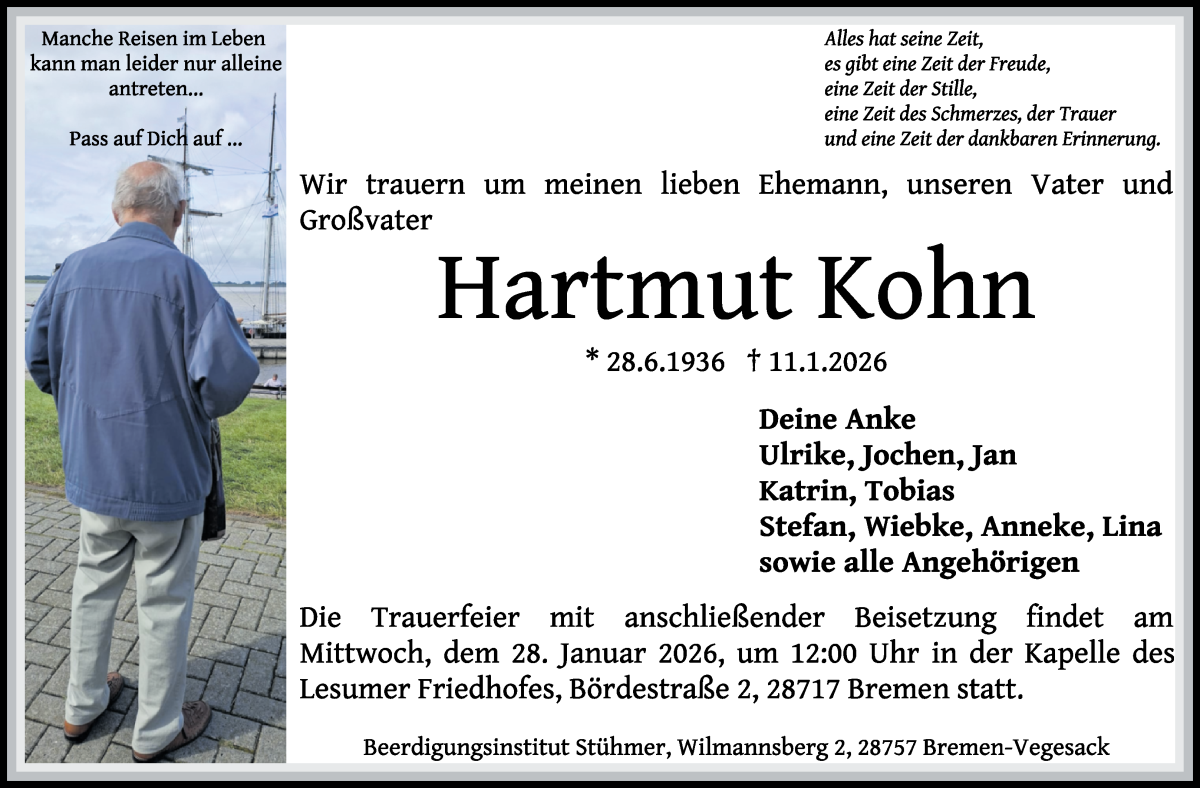 Traueranzeige von Hartmut Kohn von Die Norddeutsche