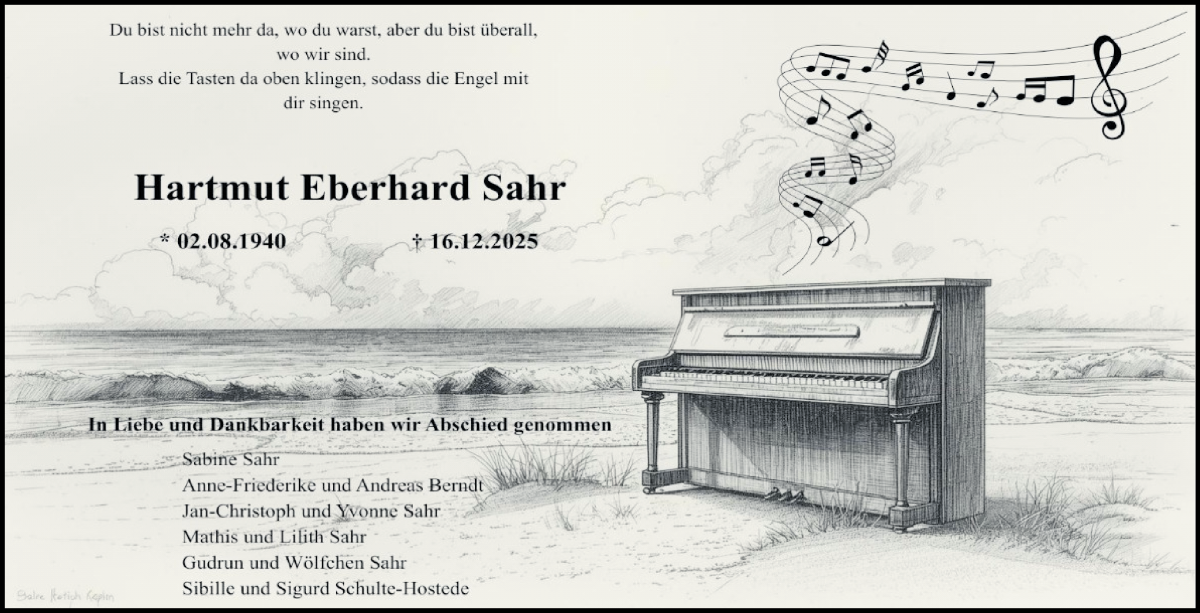 Traueranzeige von Hartmut Eberhard Sahr von Wuemme Zeitung