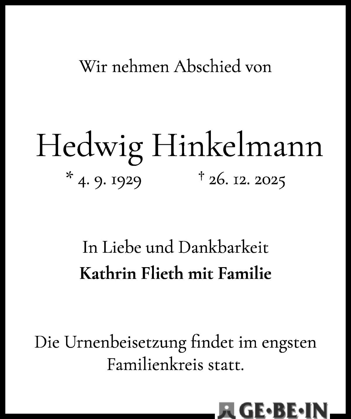 Traueranzeige für Hedwig Hinkelmann vom 17.01.2026 aus WESER-KURIER