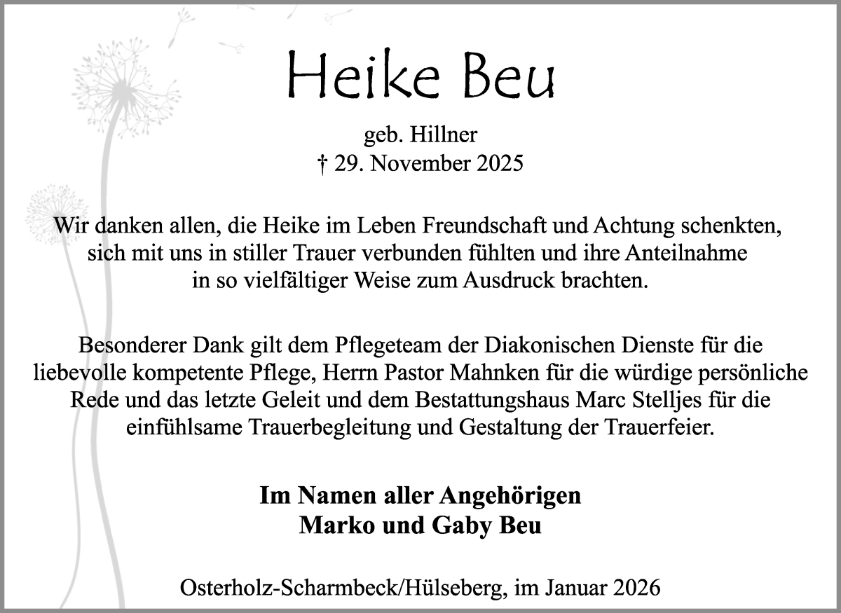 Traueranzeige von Heike Beu von Osterholzer Kreisblatt