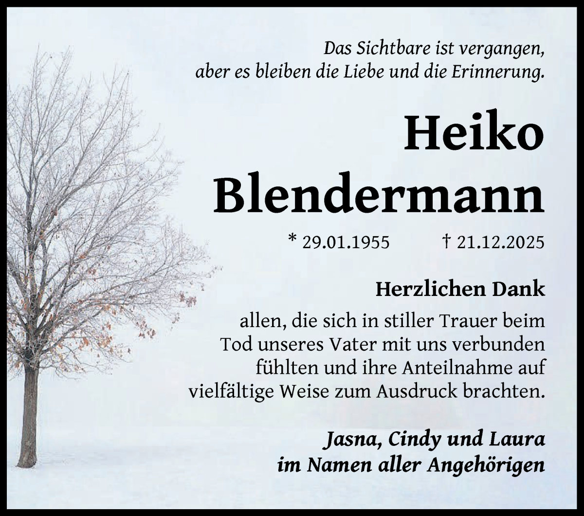 Traueranzeige von Heiko Blendermann von Die Norddeutsche