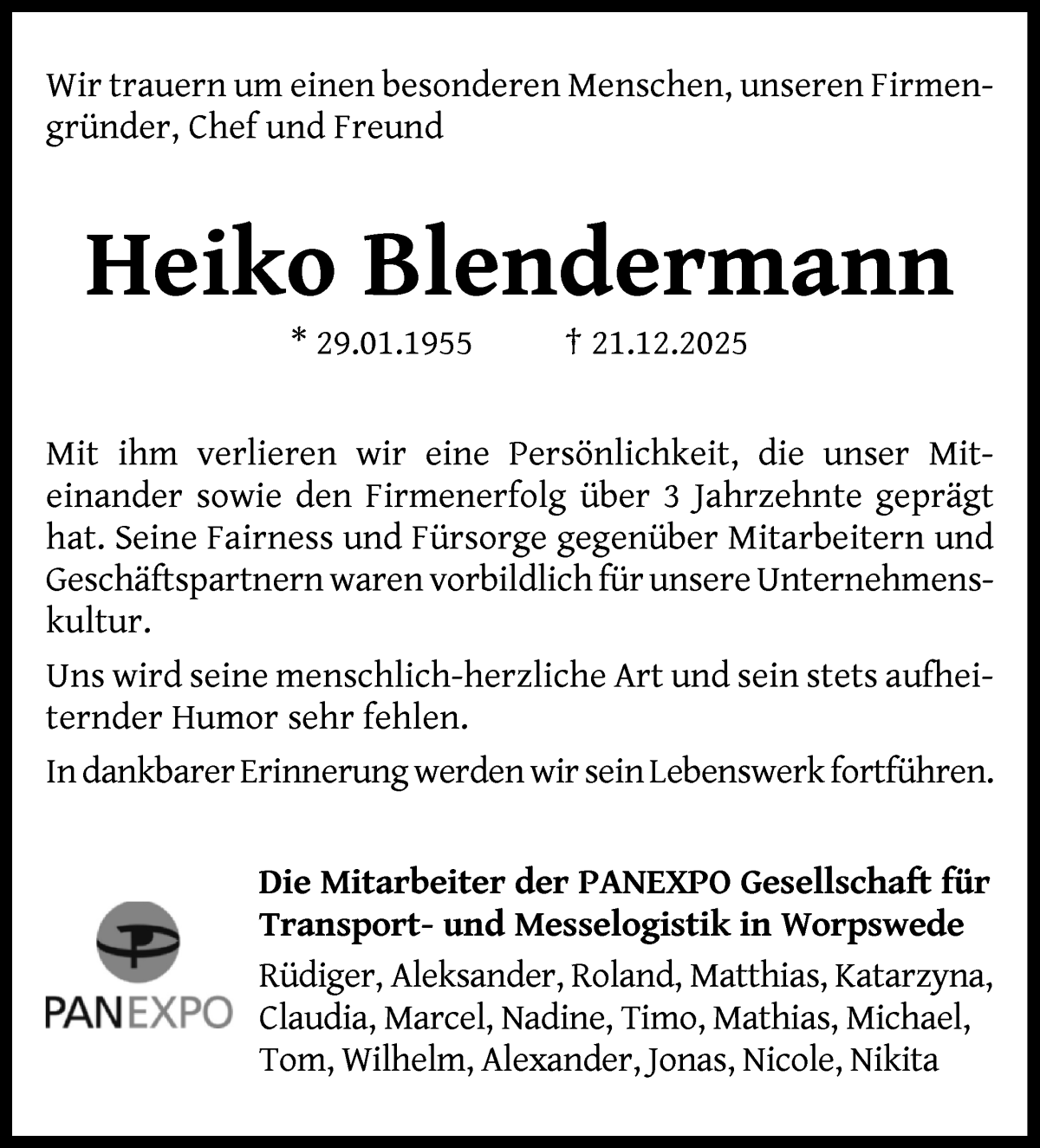 Traueranzeige von Heiko Blendermann von WESER-KURIER