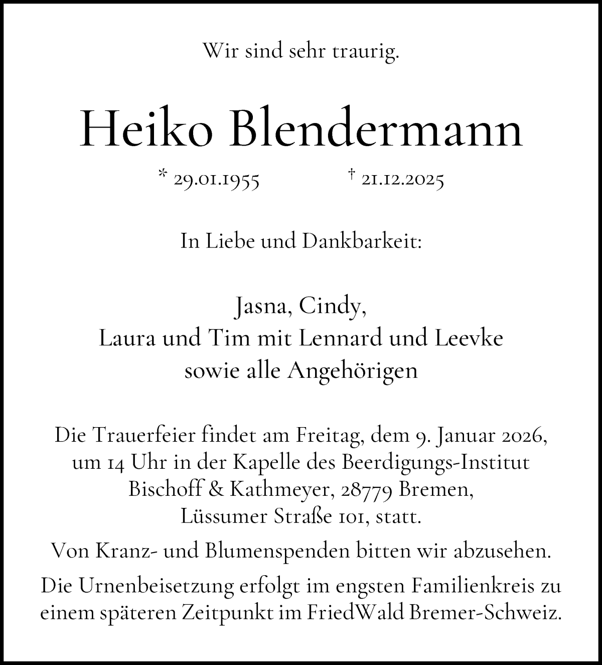 Traueranzeige von Heiko Blendermann von Die Norddeutsche