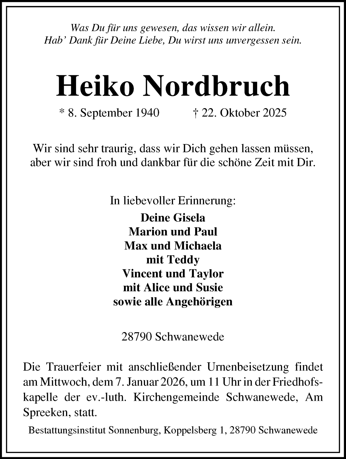 Traueranzeige von Heiko Nordbruch von Die Norddeutsche