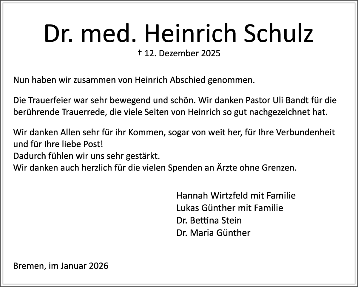 Traueranzeige von Heinrich Schulz von WESER-KURIER
