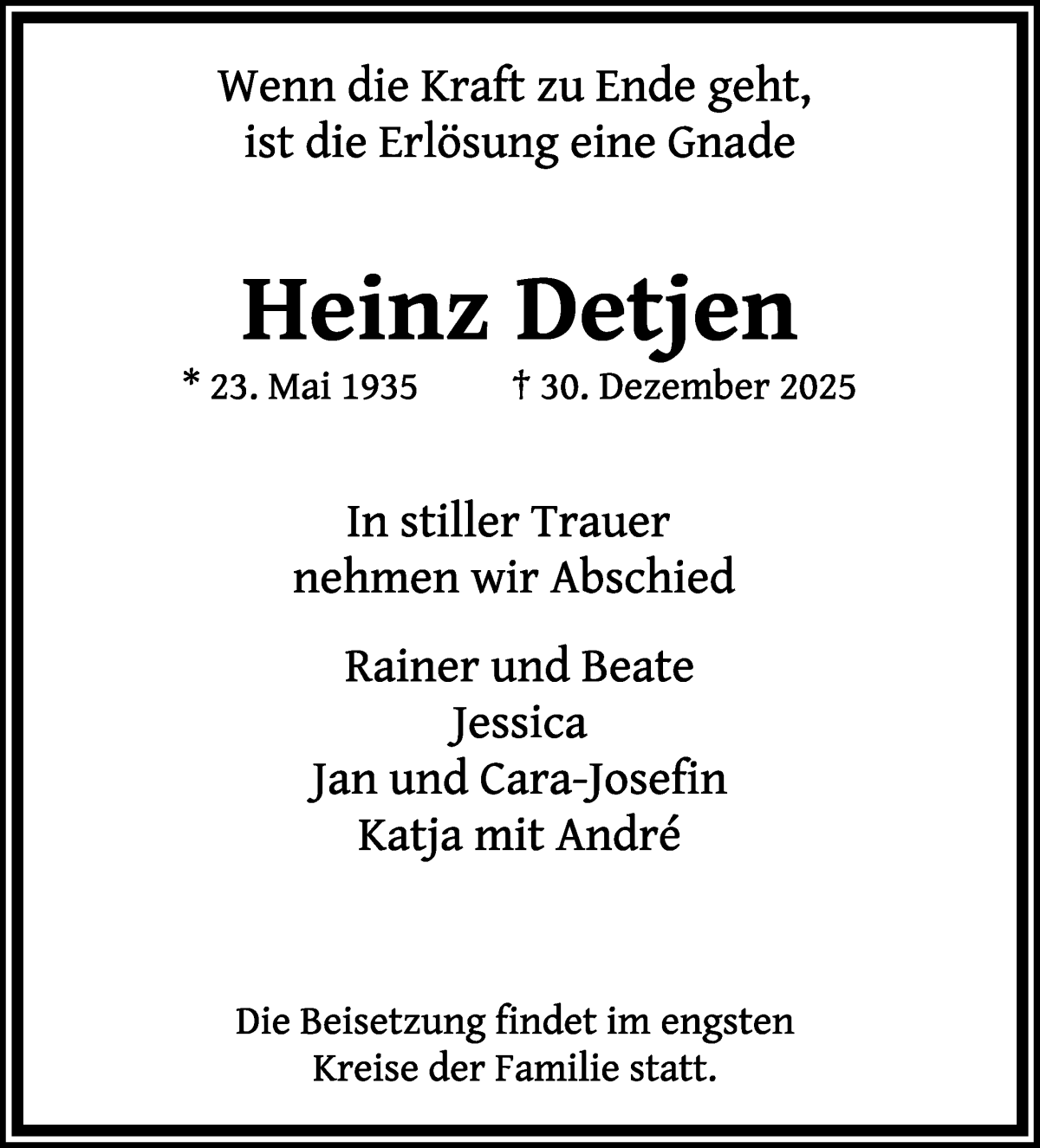  Traueranzeige für Heinz Detjen vom 10.01.2026 aus WESER-KURIER
