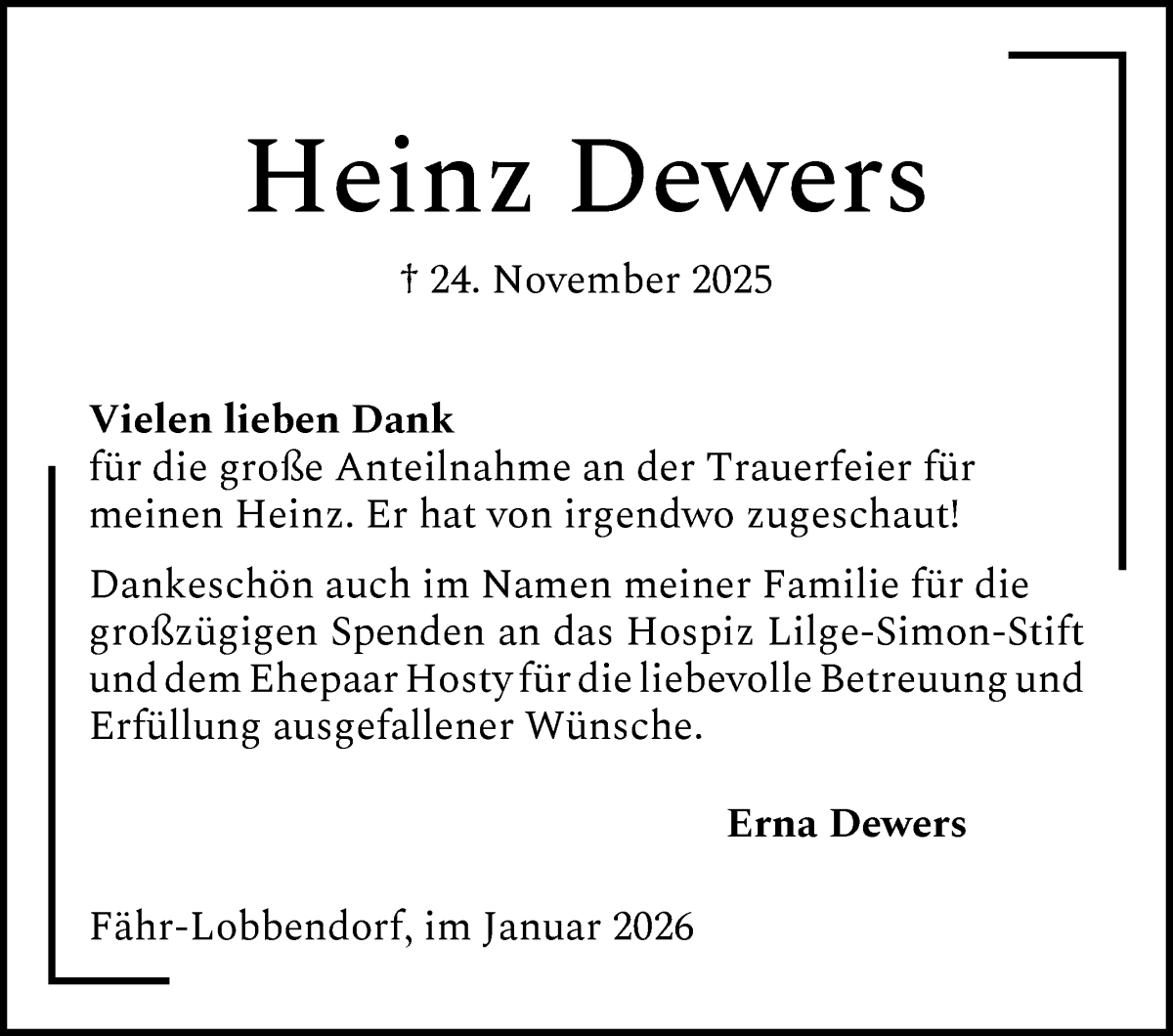 Traueranzeige von Heinz Dewers von Die Norddeutsche