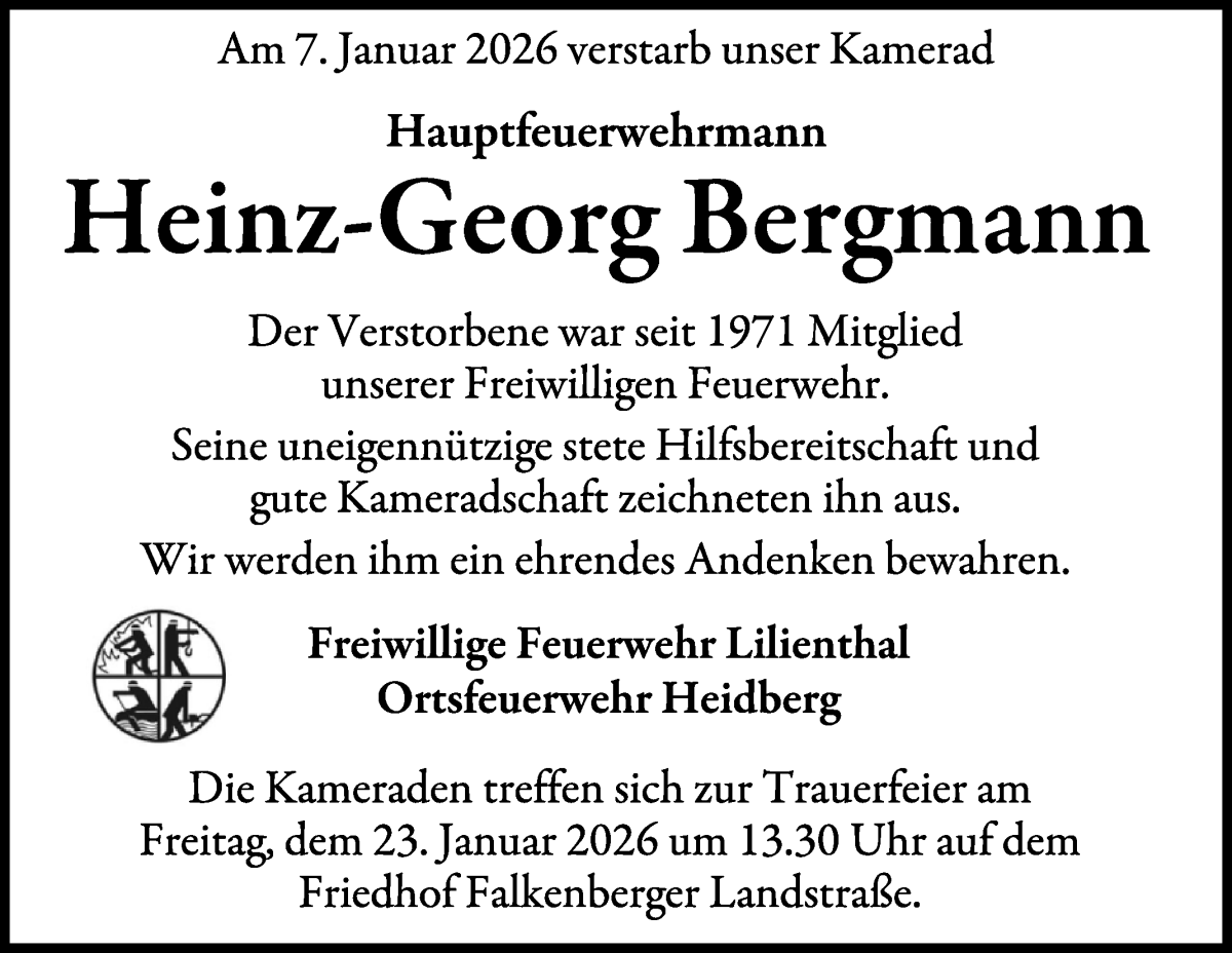 Traueranzeige von Heinz-Georg Bergmann von Wuemme Zeitung